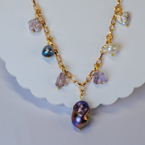 Pearl & Ametrine Charm Necklace - 16.5" to 18.5" - Picture 7 of 8